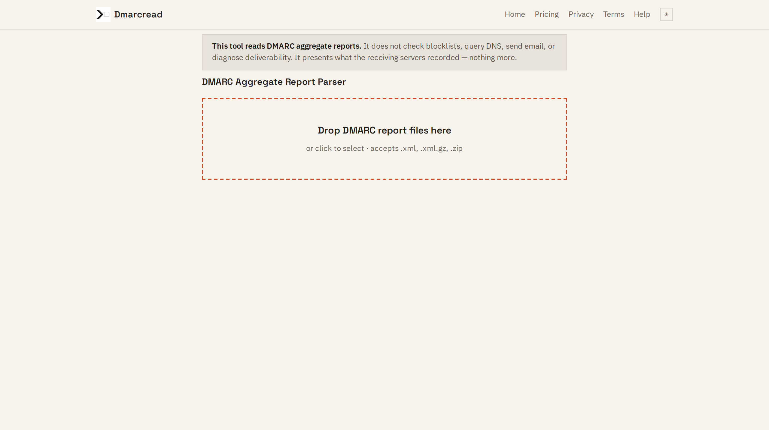 Dmarcread app interface showing the DMARC report drop zone — a large box with a dashed red border reading 'Drop DMARC report files here' and instructions to upload .xml, .xml.gz, or .zip files. The page banner and heading are visible above.